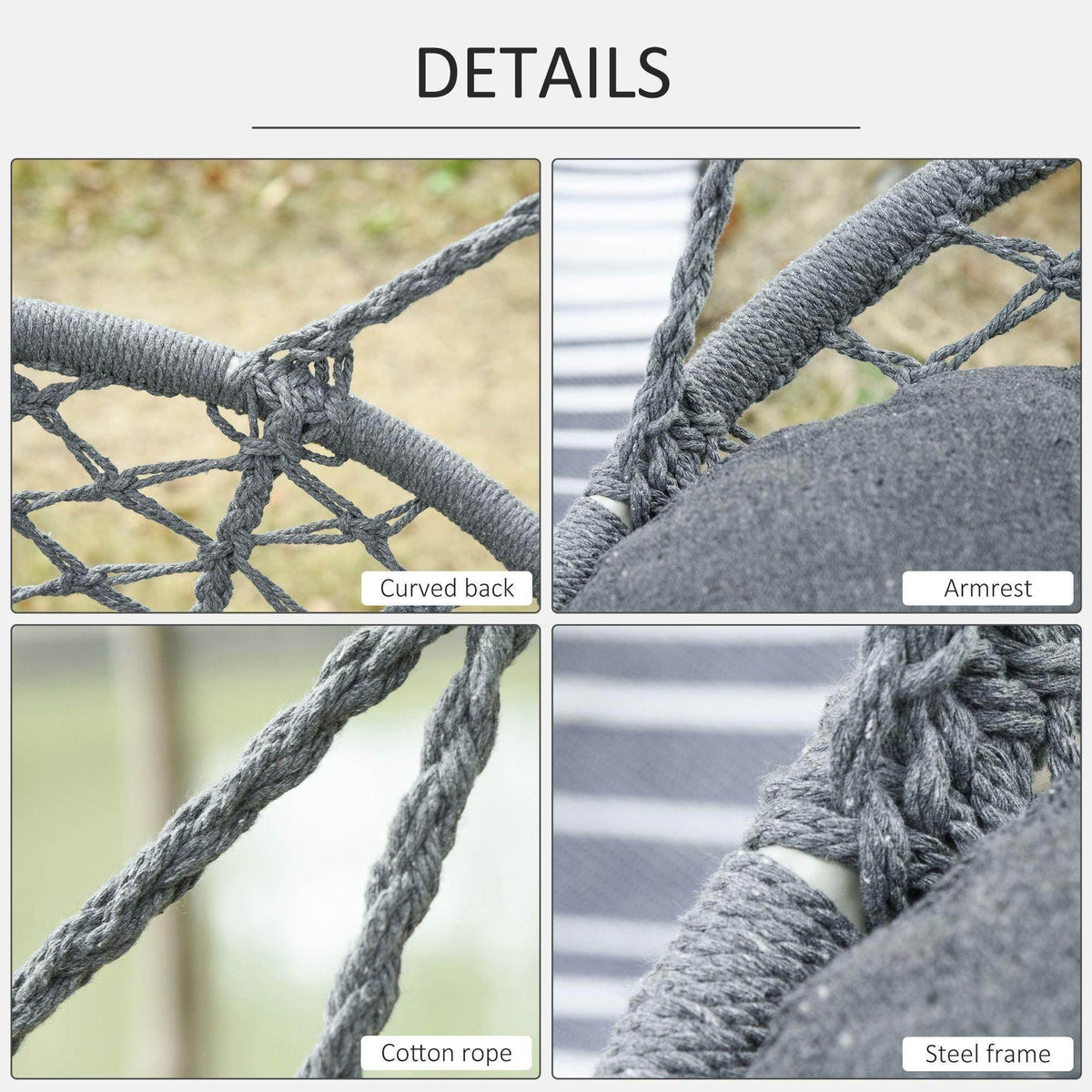 Cotton rope hammock chair detail: curved back knotwork on dark grey net