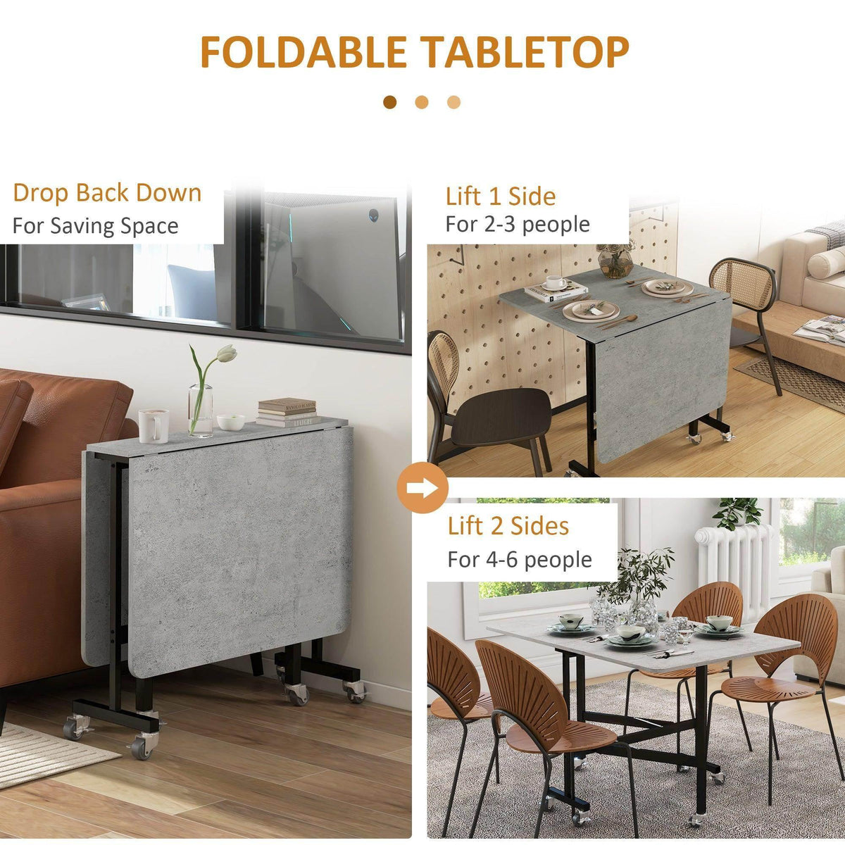 Grey drop-leaf folding tabletop table with lift-down side leaves on caster base