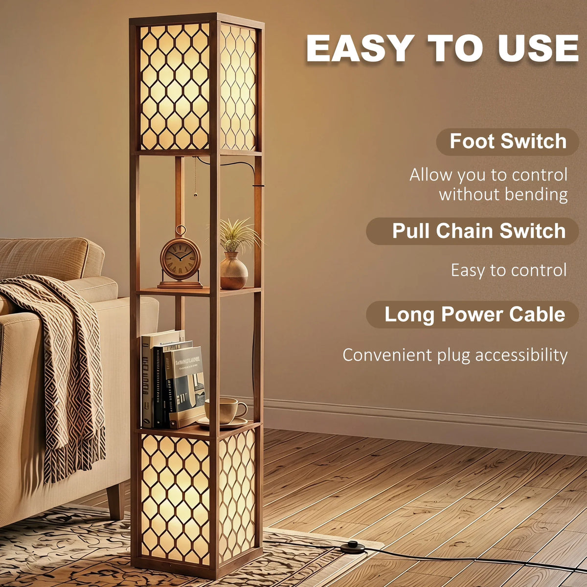 Rustic brown standing lamp with dual glass lattice shades, storage cubbies, and pull chain.