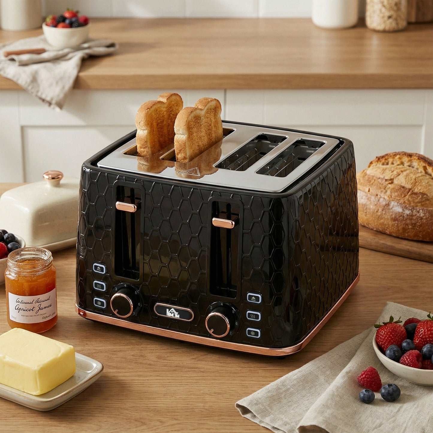 4 Slice Toaster With 7 Browning Levels High Lift Reheat Defrost Cancel Self Centring Crumb Tray 1600W Black Honeycomb