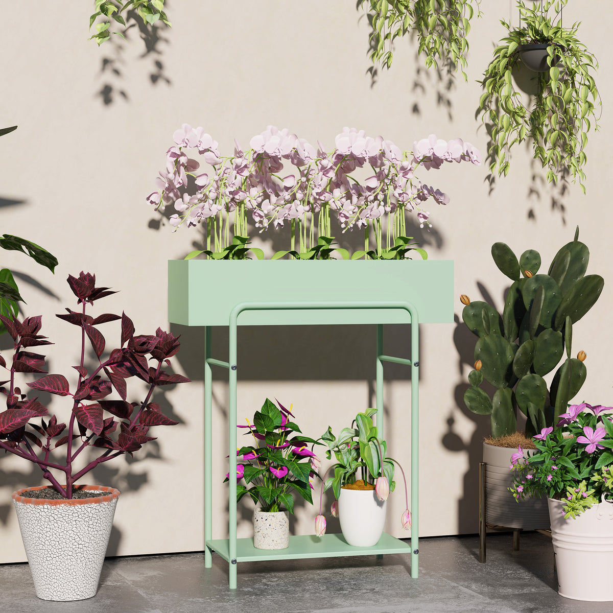 Two-tier mint metal plant stand with open shelves and curved front handle frame