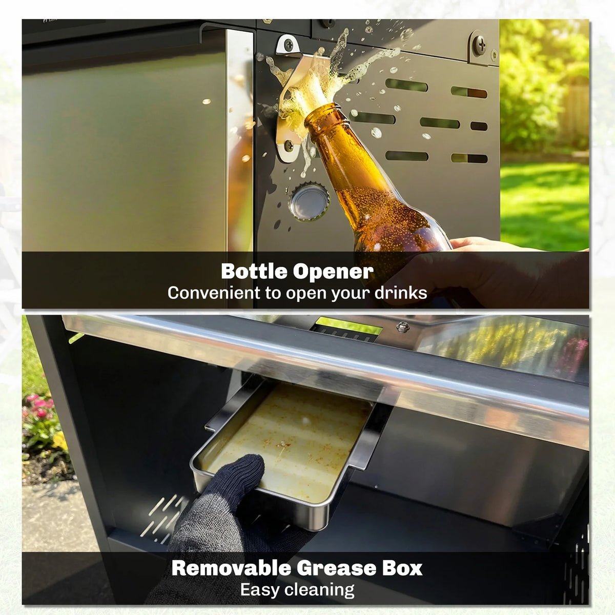 Gas BBQ grill detail: bottle opener and removable grease box for easy cleaning