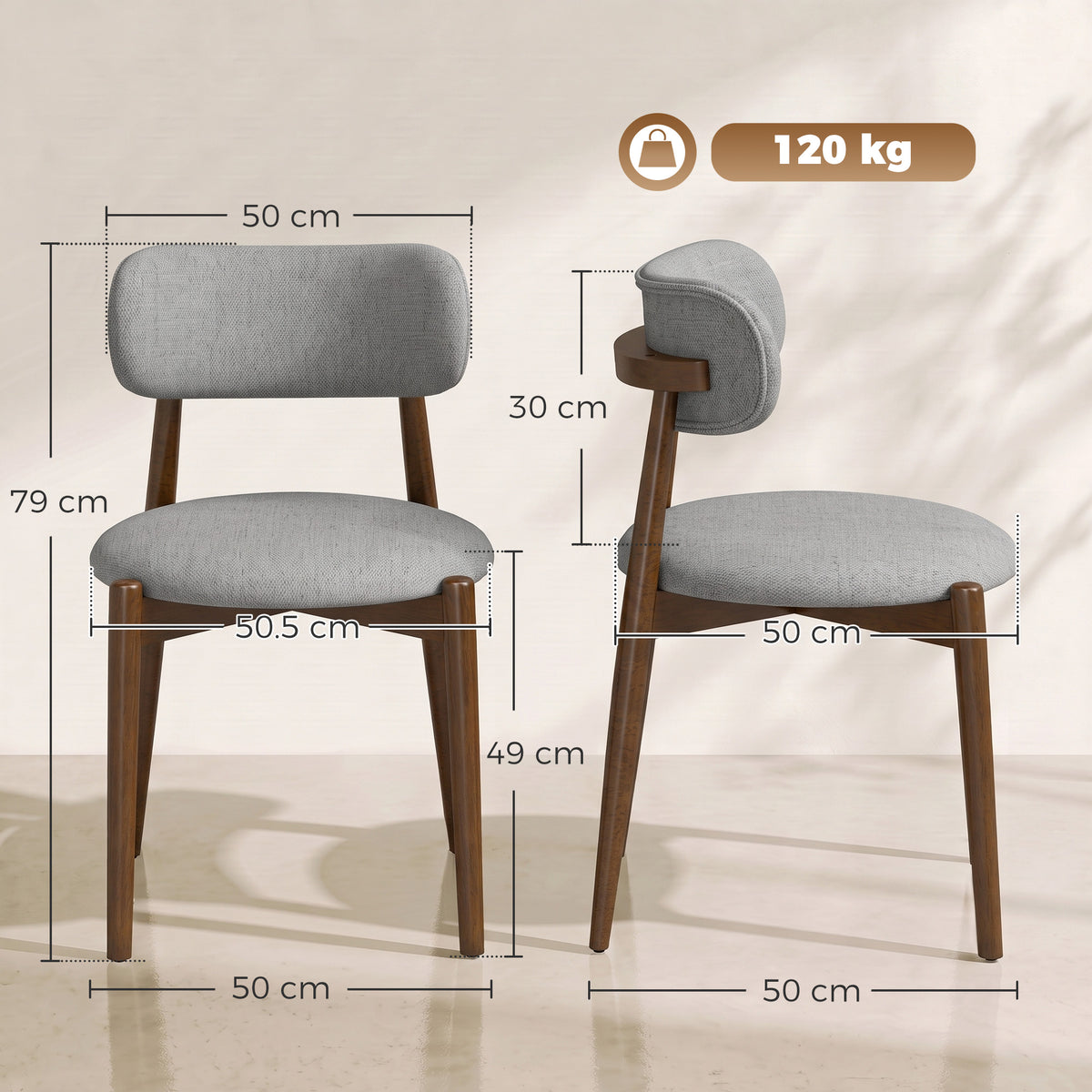 Set of 2 grey chenille dining chairs with curved backs and rubberwood legs