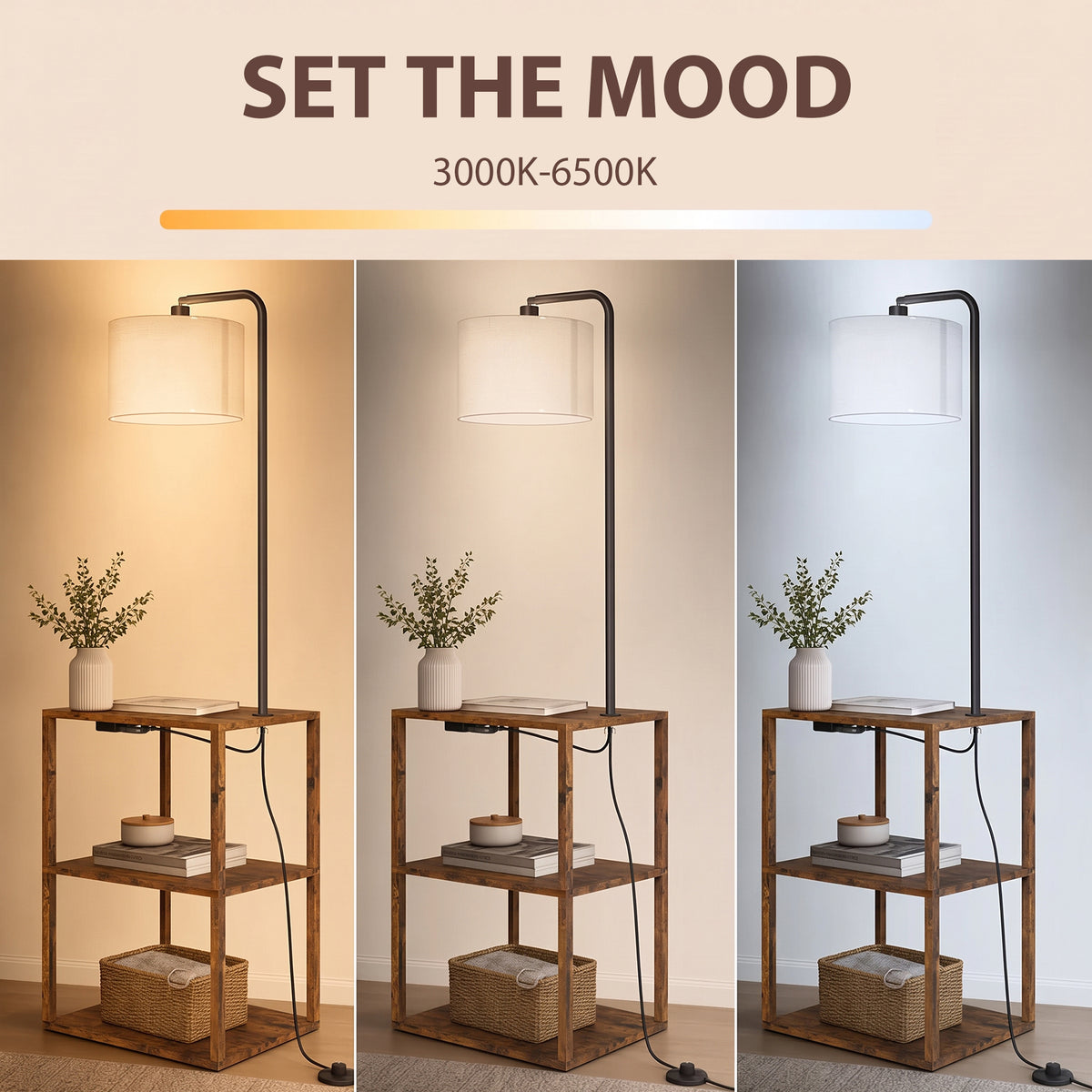 Brown floor lamp with 3-tier storage shelves and fabric shade, black metal frame