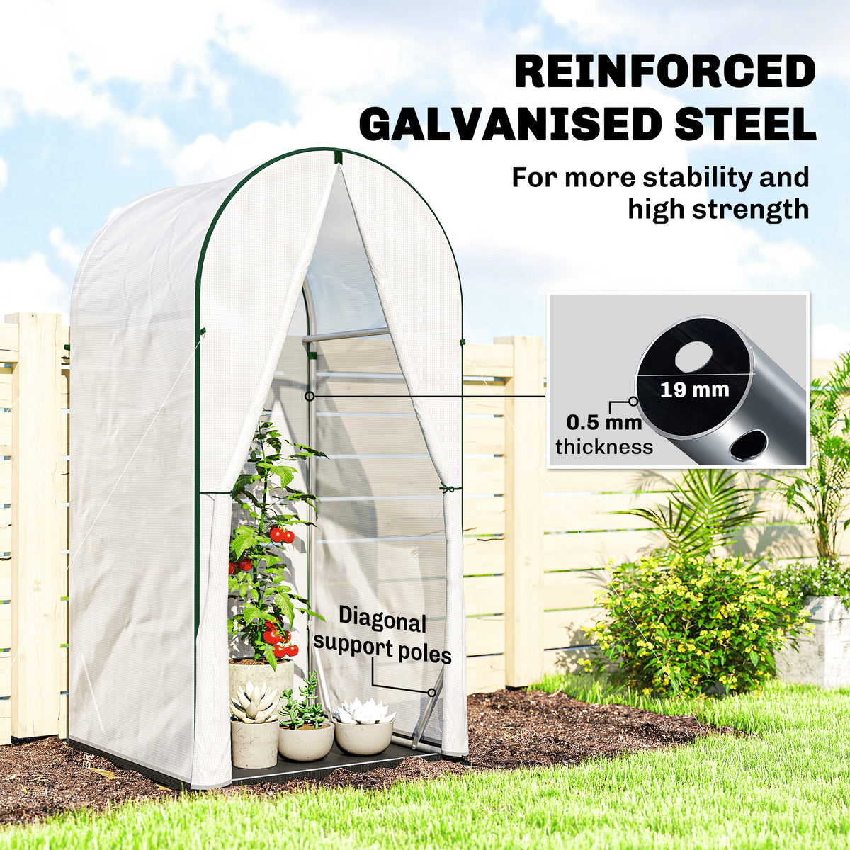 White mini greenhouse with reinforced galvanized steel frame and diagonal support poles