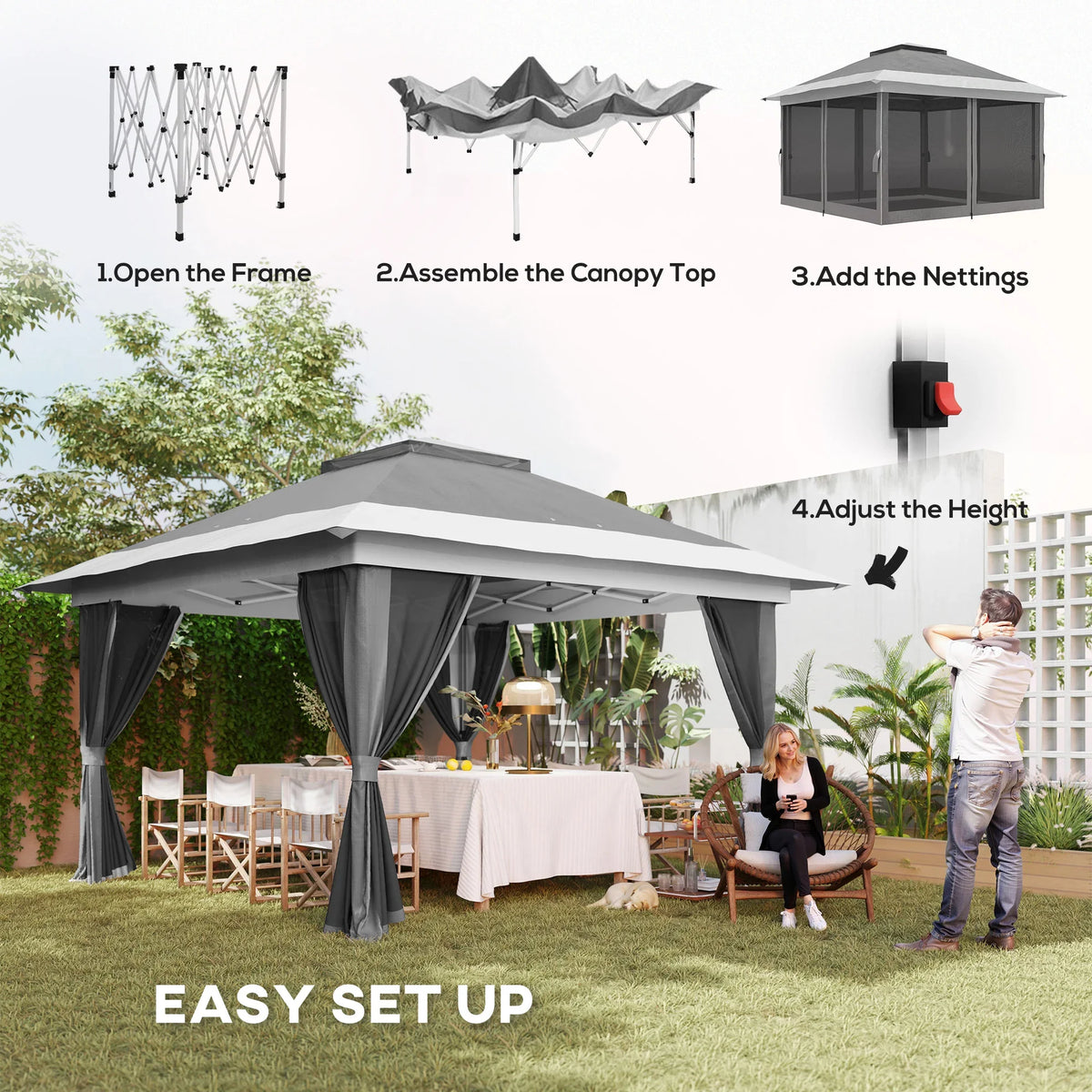 Grey pop-up gazebo with dark curtains and mesh lining during setup