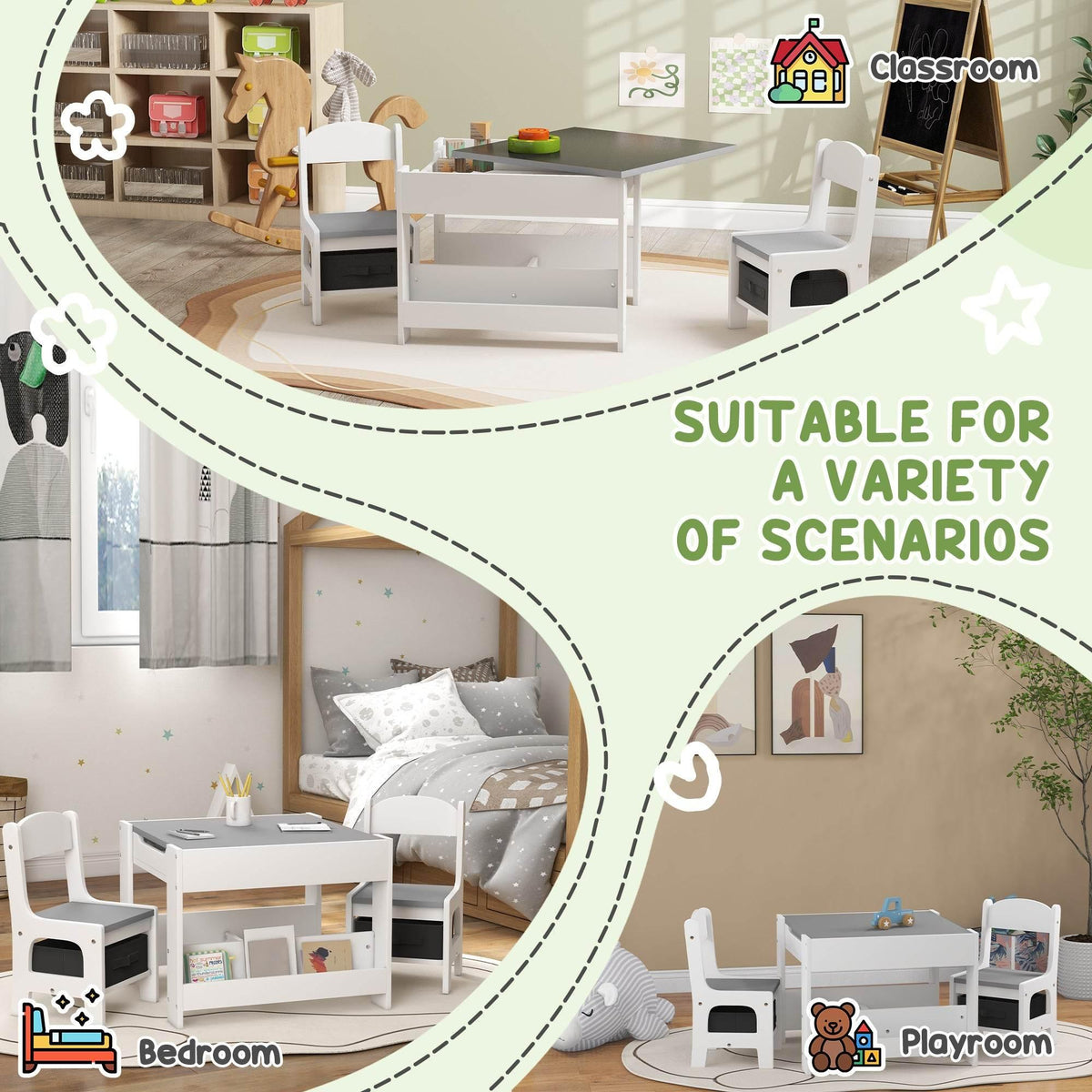 Kids table and chair set with chalkboard top and built-in storage for home use