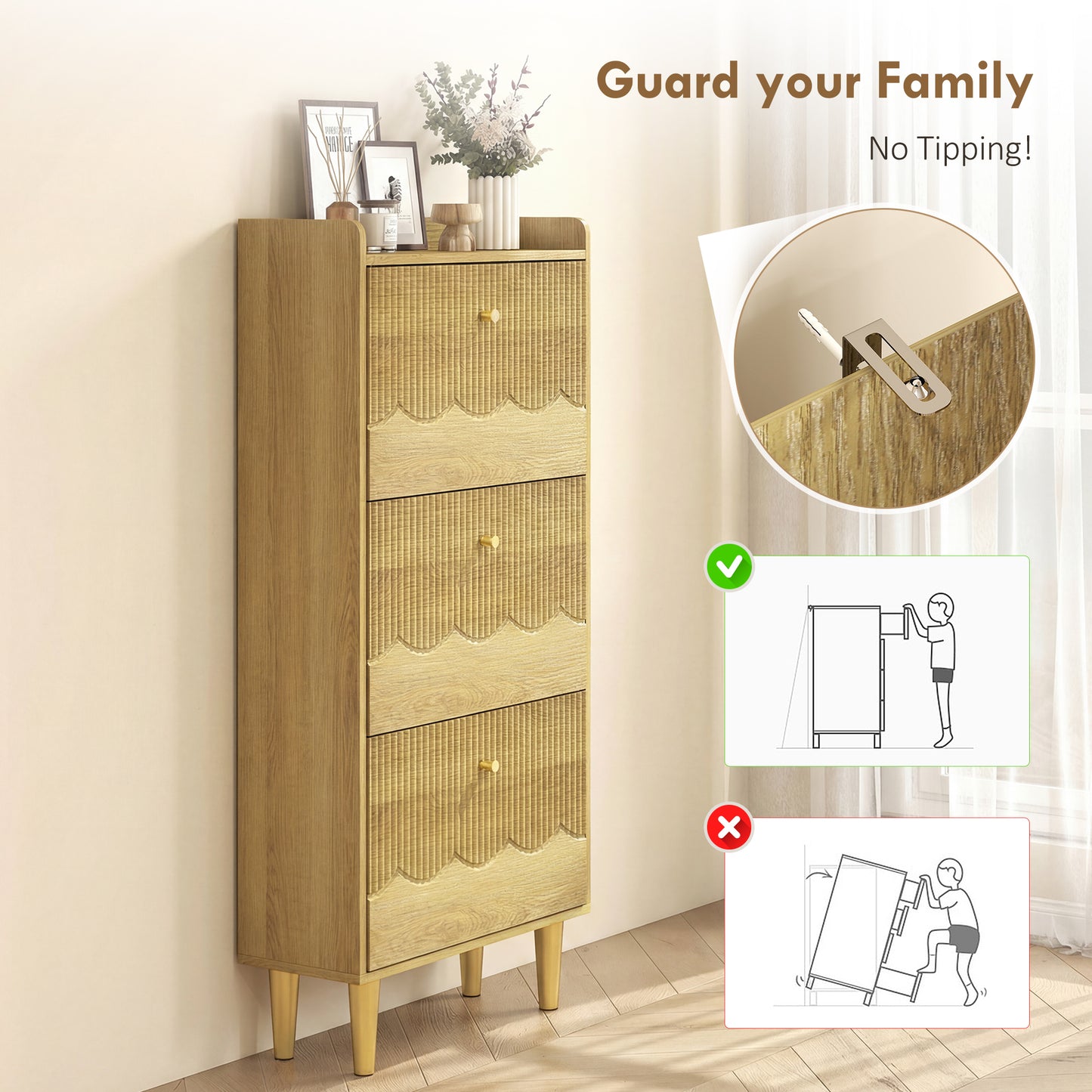 HOMCOM Narrow Shoe Cabinet Modern Shoe Storage With 3 Flip Drawers Oak Finish Slim 24cm Depth For Narrow Hallways