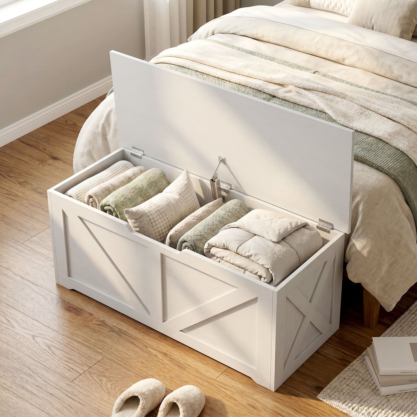 HOMCOM 100L Storage Box With Safety Hinge White Wood Effect Ottoman Trunk for Seating and Storage