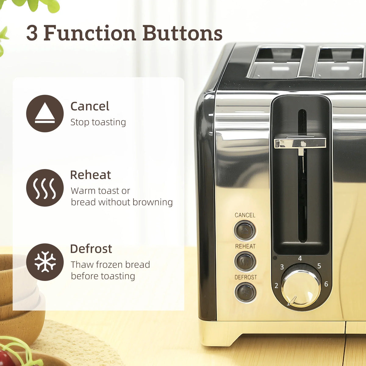 Black two-slice toaster with three function buttons: cancel, reheat, defrost