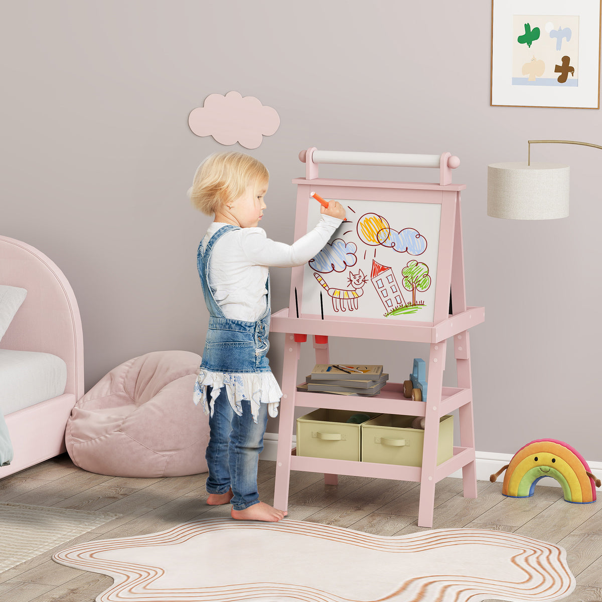 Pink kids art easel with double-sided whiteboard and chalkboard, paper roll tray
