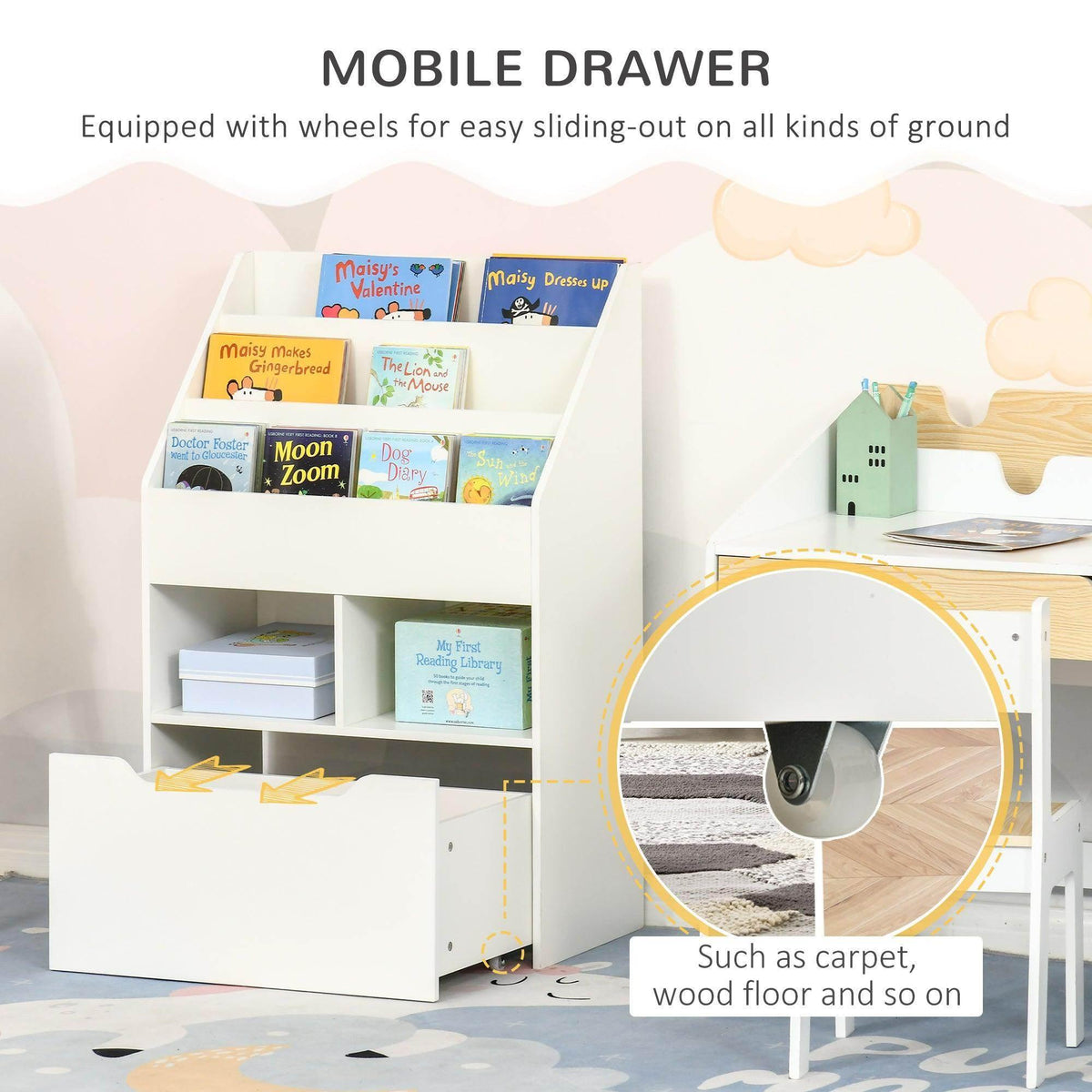 White kids bookshelf toy box with wheels and pull-out drawer for easy sliding storage.