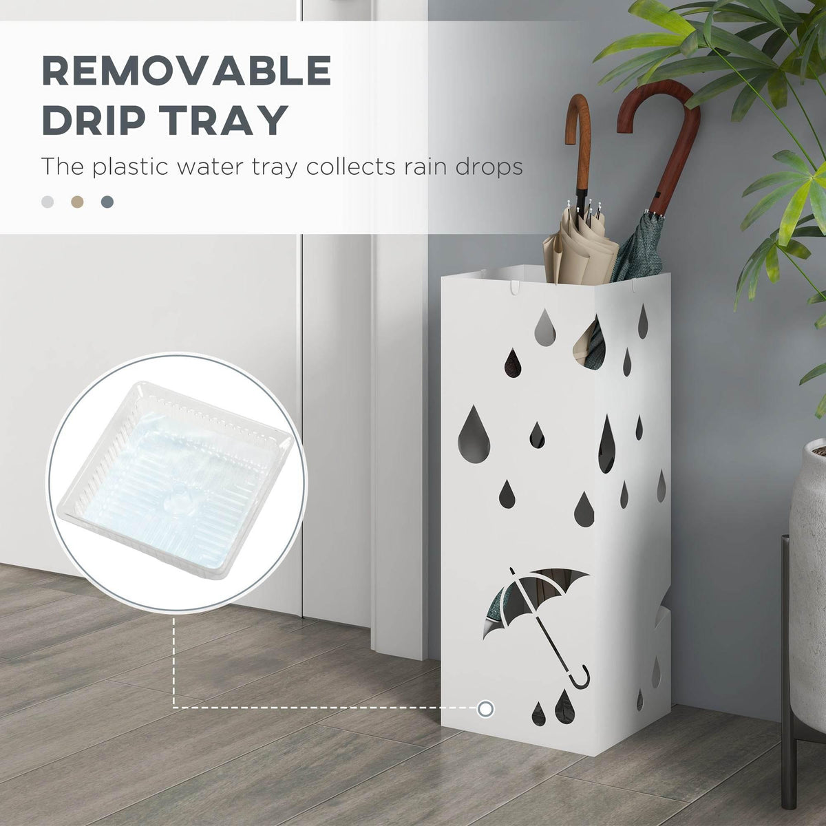 White umbrella holder stand with removable drip tray at the base