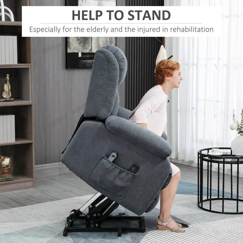 Dark grey fabric lift recliner chair reclined for standing assistance