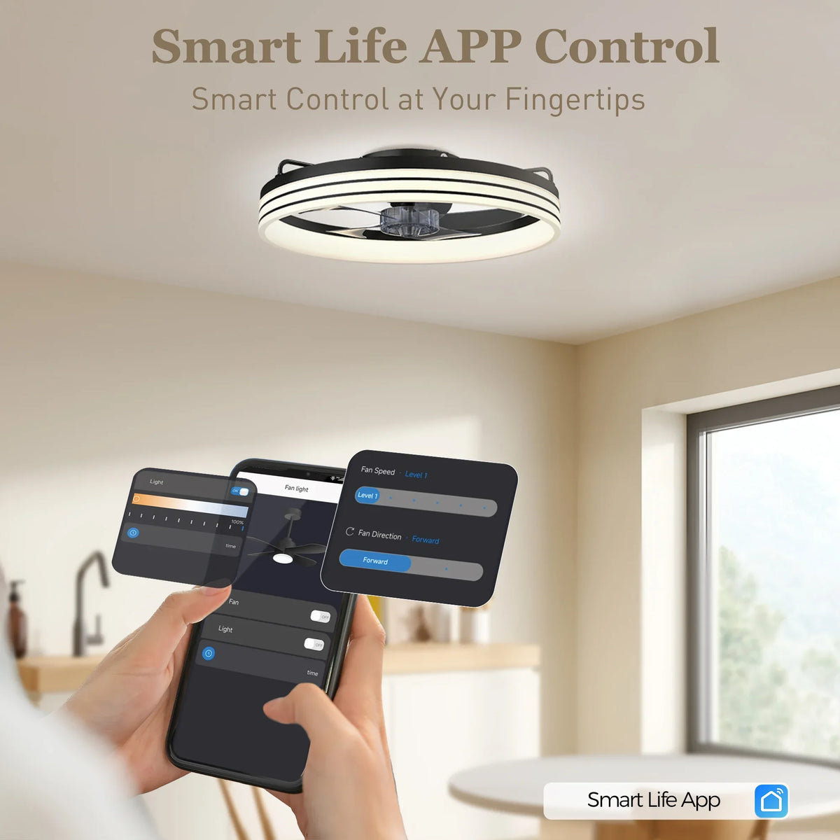 Black LED ceiling fan with light, controlled via smartphone app