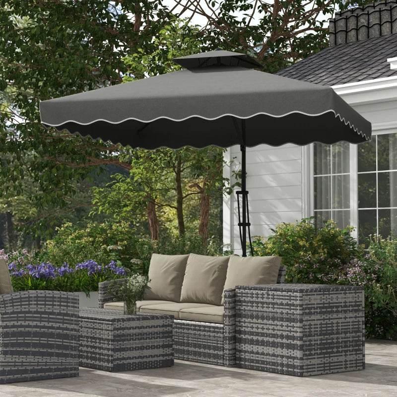 Dark grey cantilever garden parasol with double-top canopy and ruffled edge