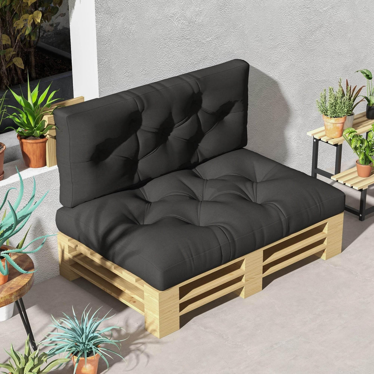 Charcoal grey outdoor pallet seat cushion with tufted back pillow, 4-piece set