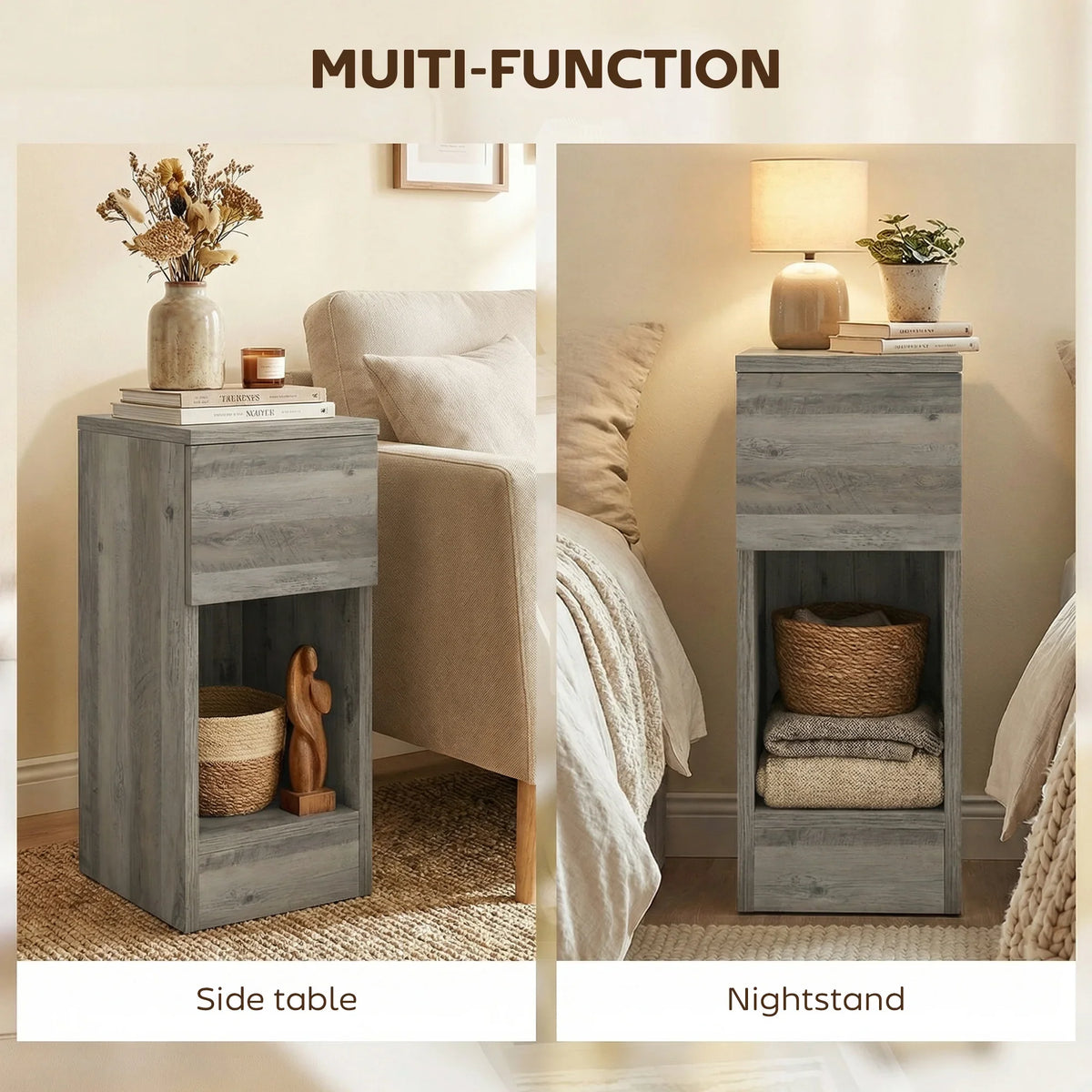 Grey wood-effect bedside table set with drawer and shelf storage, side and nightstand
