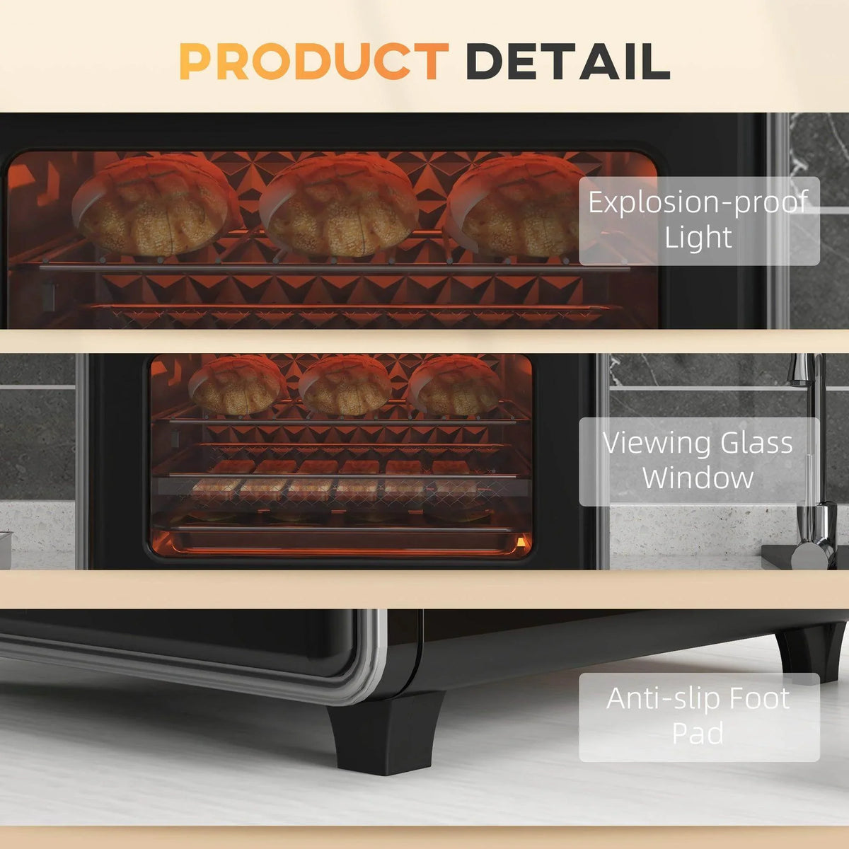 Air fryer oven detail with viewing glass window and anti-slip feet at the base