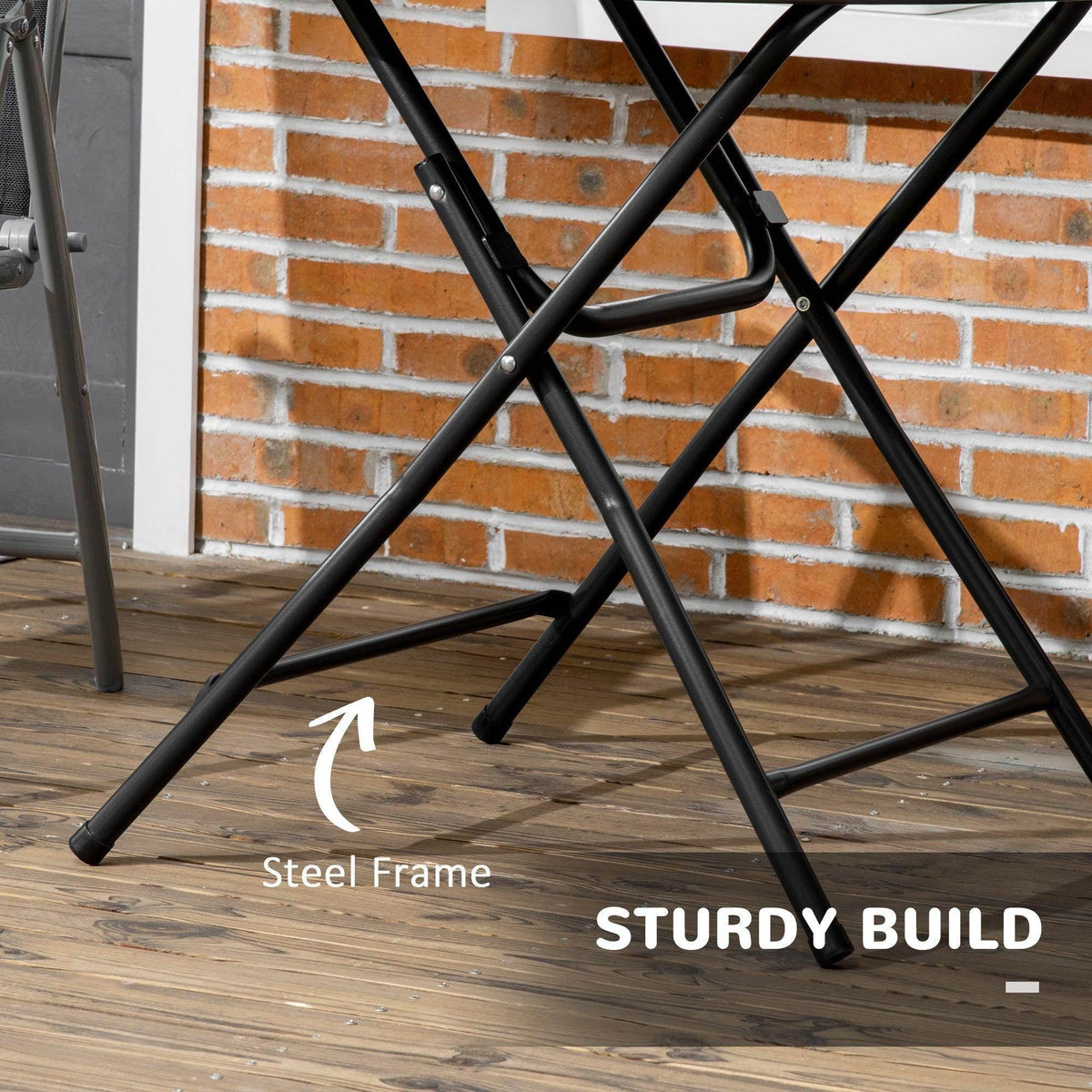 Foldable outdoor dining table with sturdy steel frame and crossed black support legs