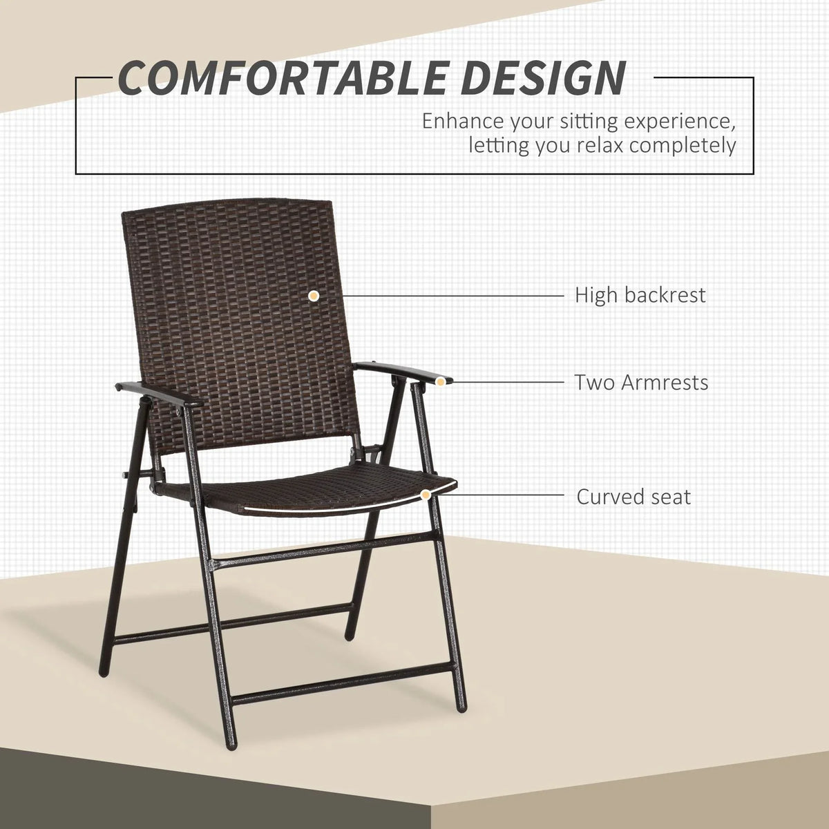 Foldable rattan patio chair with high backrest, two armrests, and curved seat