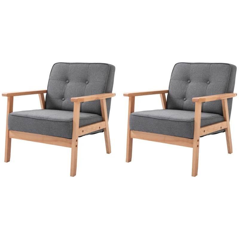Pair of grey upholstered accent chairs with beech wood frames and padded armrests.