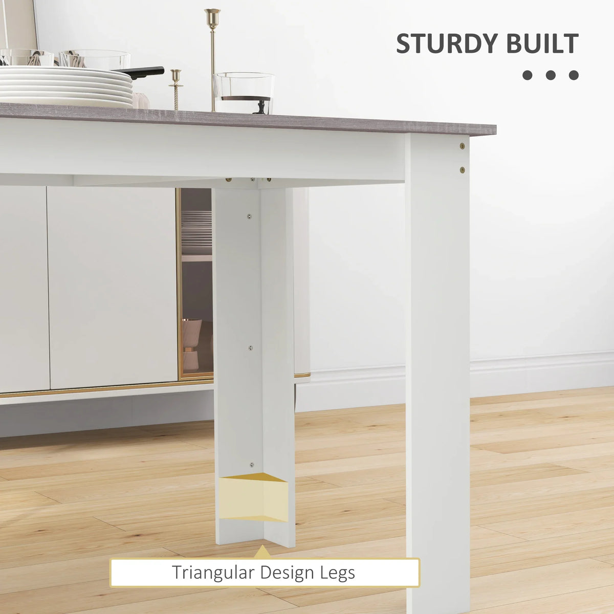 White dining table legs and under-frame storage view; sturdy tabletop edge