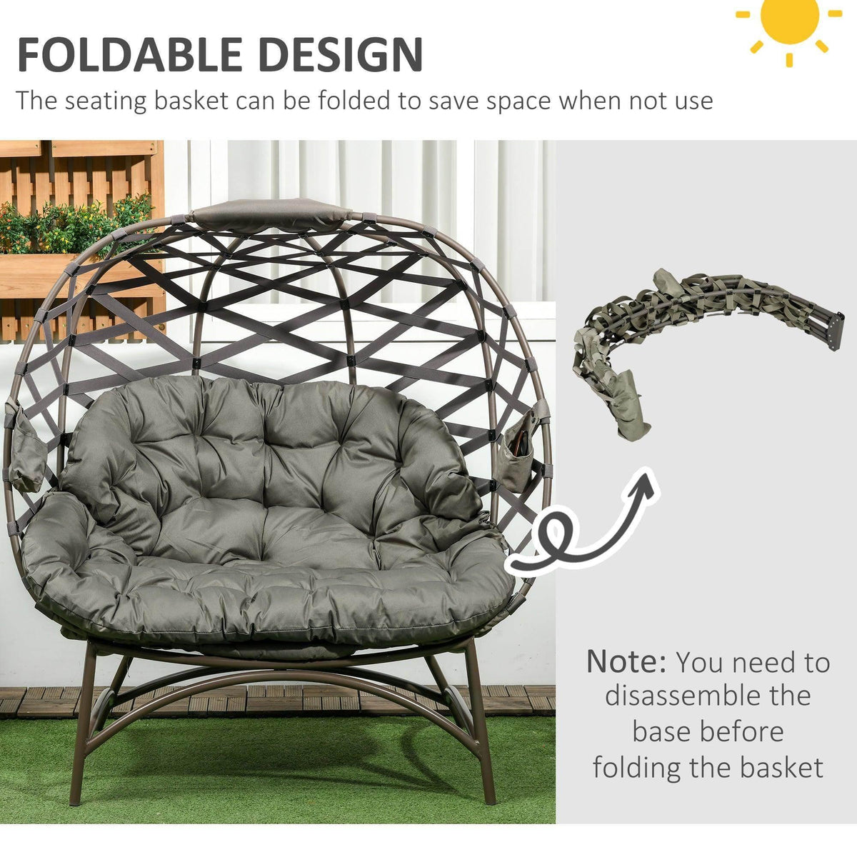 Foldable egg-shaped chair with dark woven frame and tufted gray cushion, side pockets