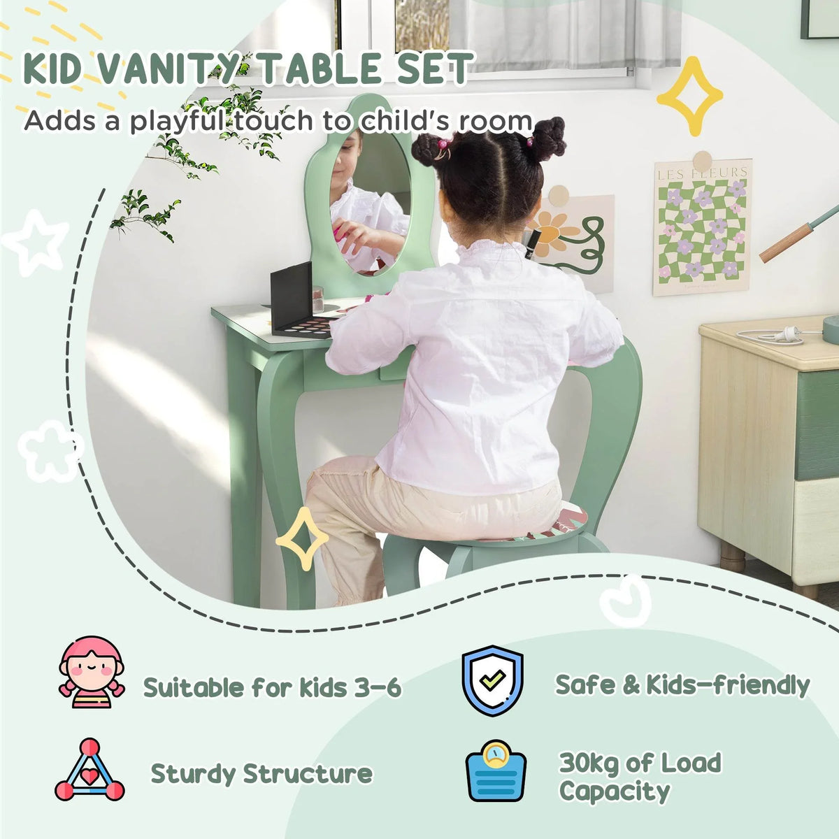 Green kids vanity table set with rounded tabletop and mounted mirror