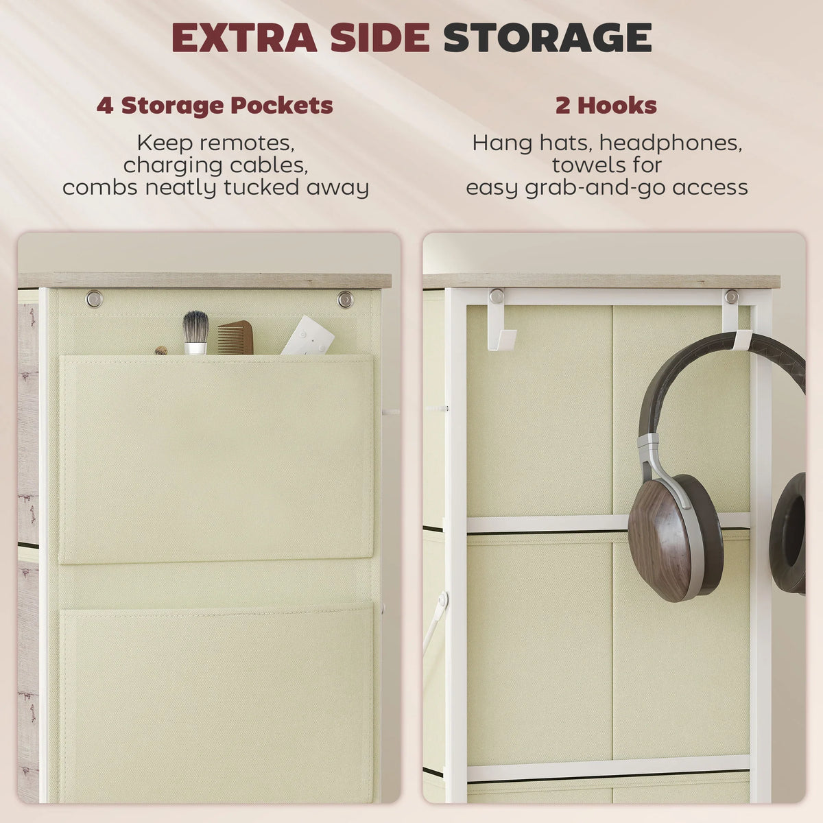 Fabric drawer storage cabinet with side storage pockets and two hooks, cabinet with gold drawer pulls