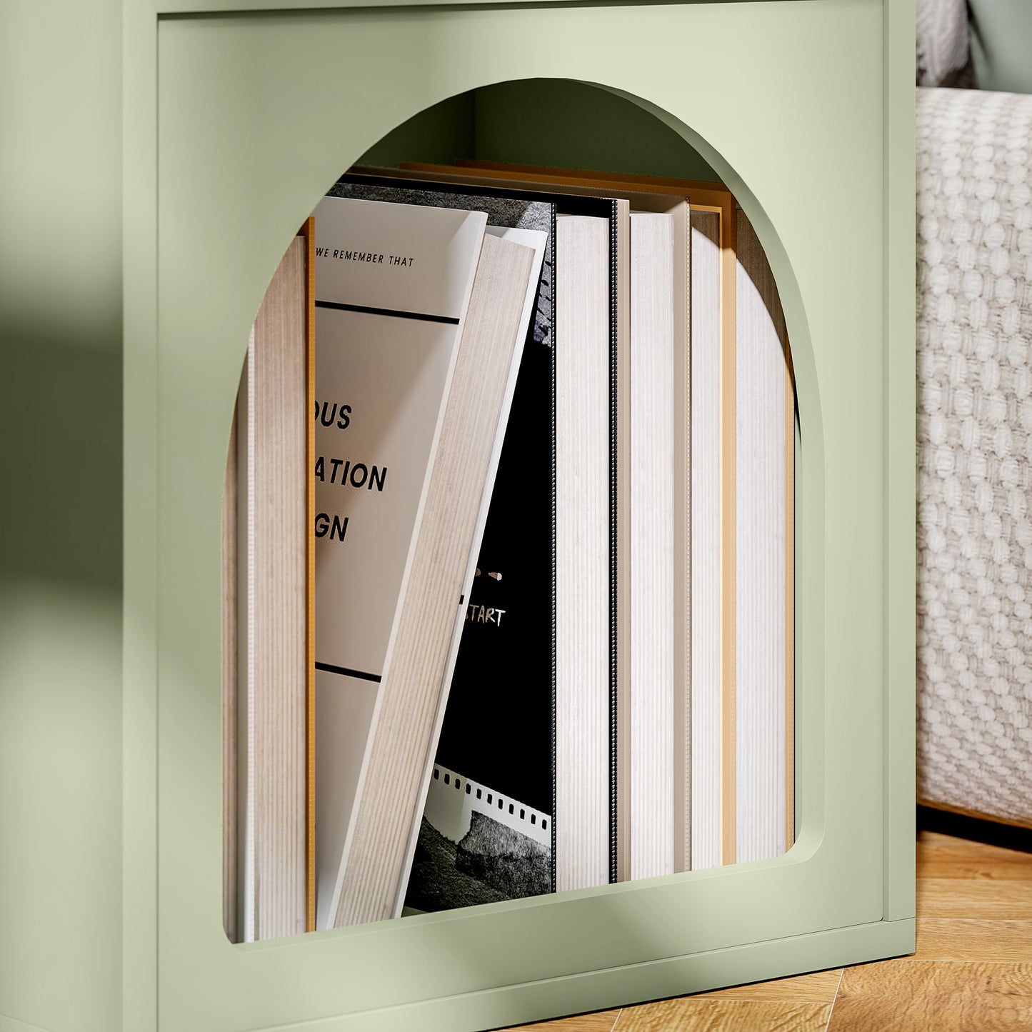HOMCOM Bedside Table With Two Open Compartments Arch Design Light Green End Table For Small Spaces