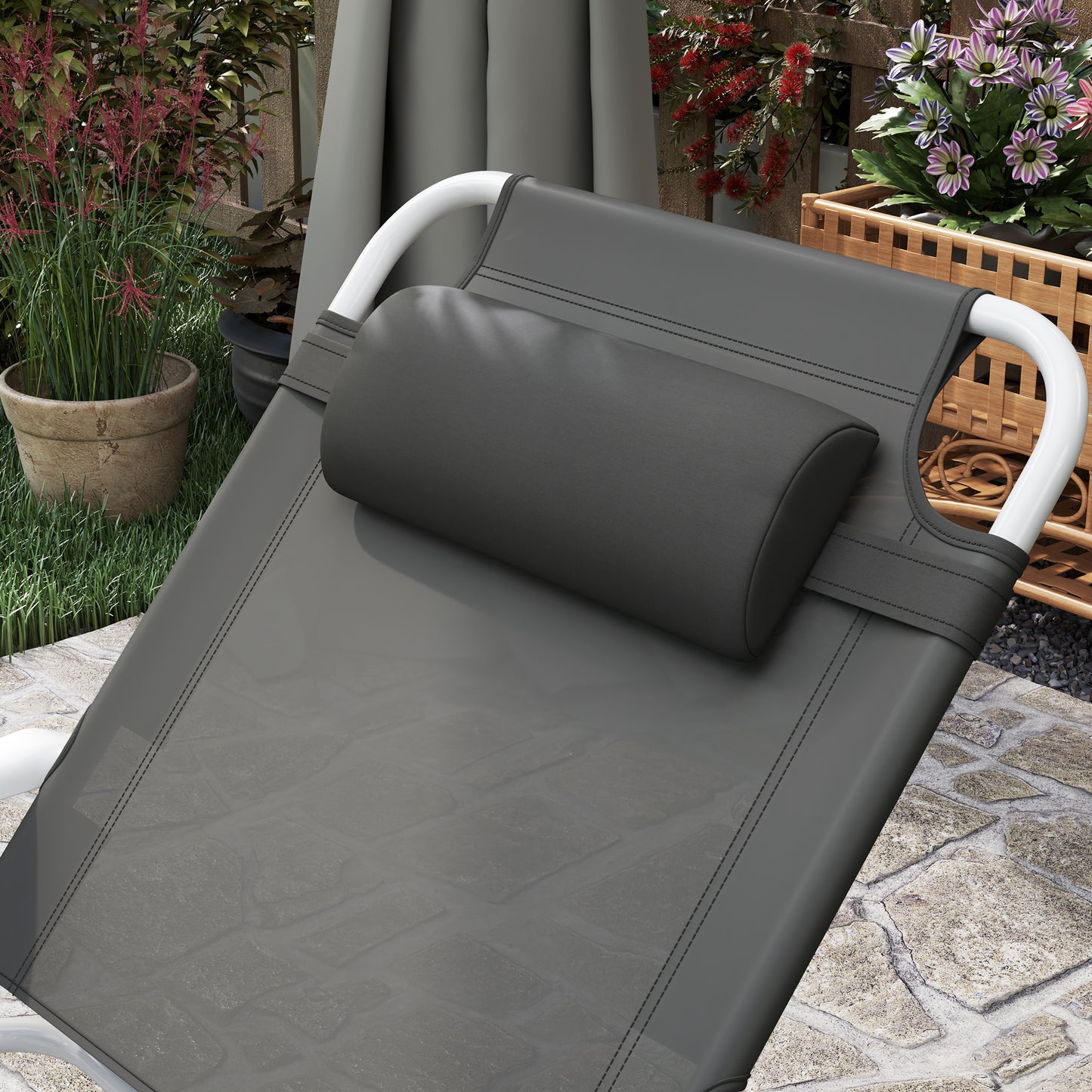 Outsunny Foldable Lounge Chair With 4 Level Adjustable Backrest And Headrest Charcoal Grey Outdoor Lounger