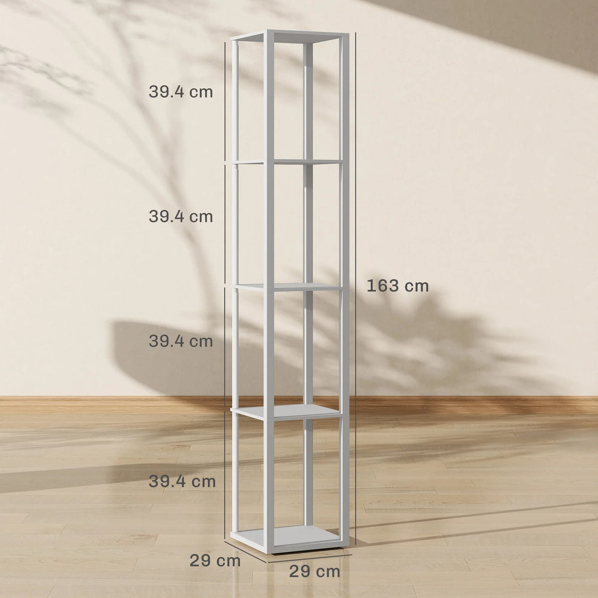White floor lamp frame with glass shelf levels and size labels, no light shown
