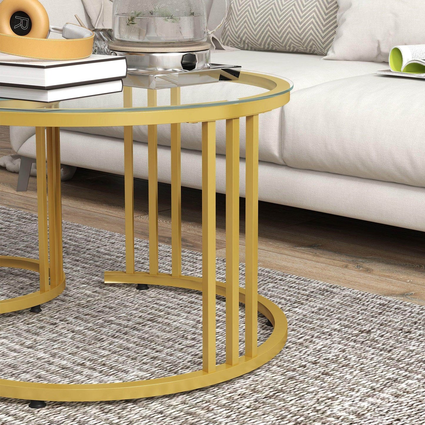 HOMCOM Round Coffee Tables Set, Tempered Glass Top, Steel Frame, Gold Tone - ALL4U RETAILER LTD