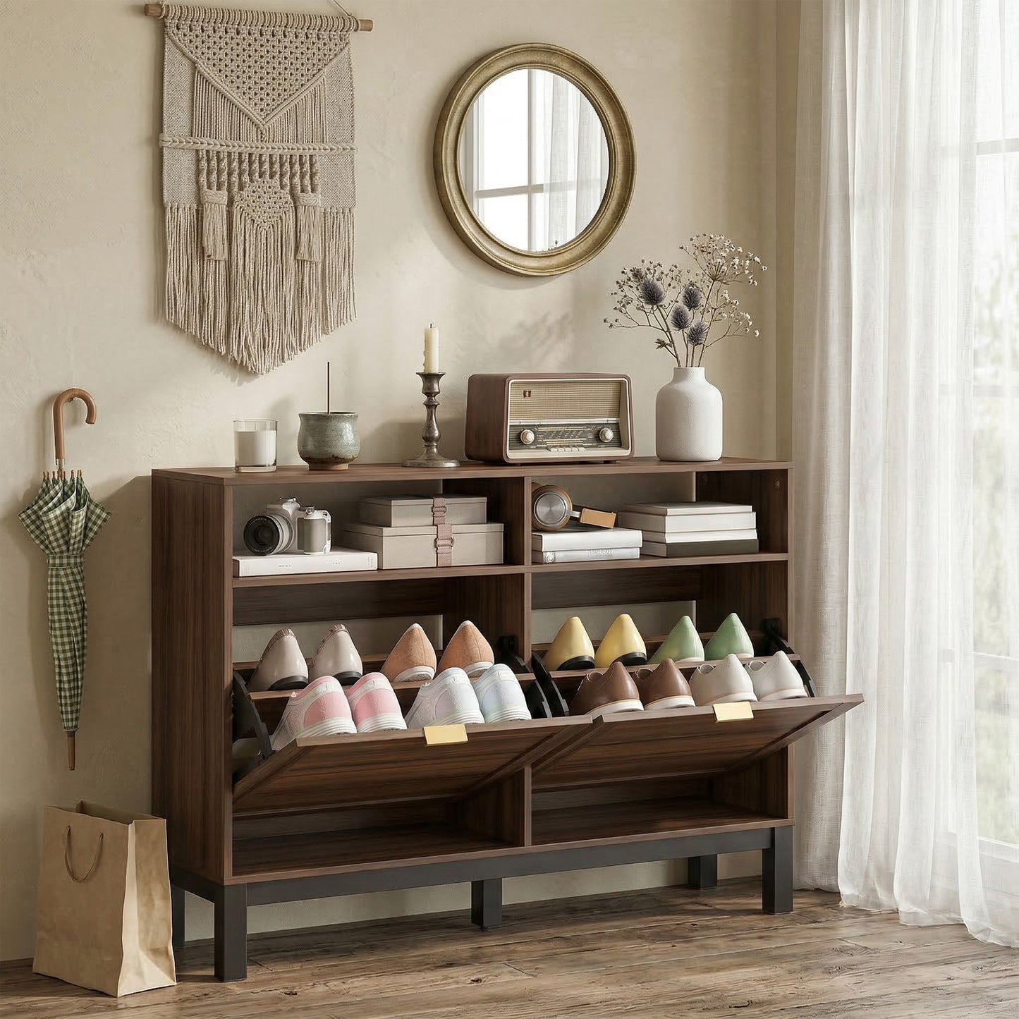 HOMCOM Narrow Shoe Cabinet With Two Flip Drawers Rustic Brown Entryway Hallway Shoe Storage