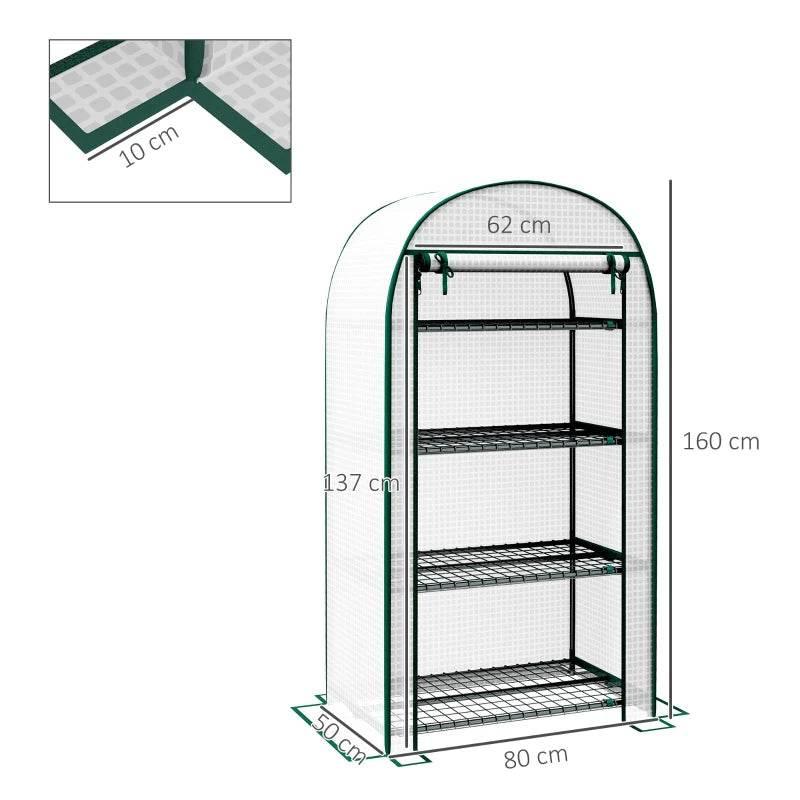 Mini greenhouse with green metal frame, clear PE cover, and 4-level wire shelves