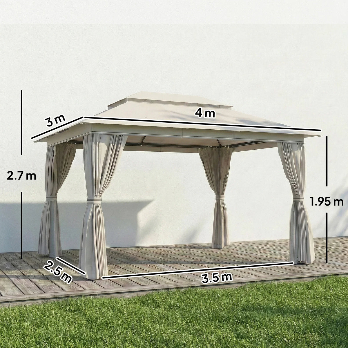 Beige gazebo canopy with four hanging curtains and open front
