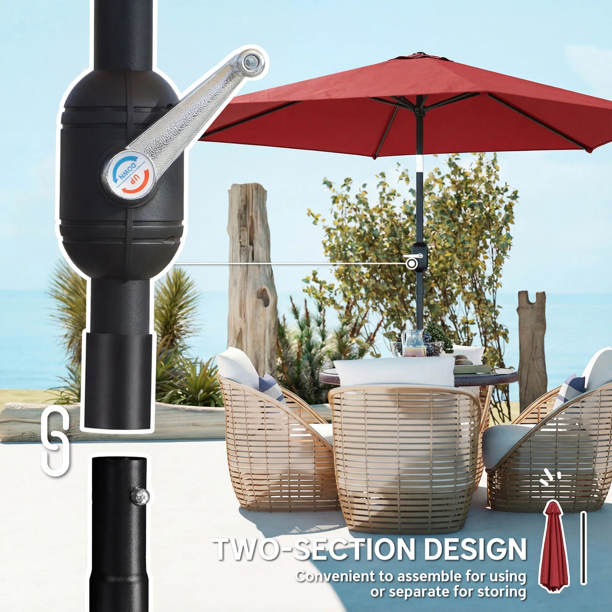 Wine red patio parasol with hand crank pole and two-section design for storage