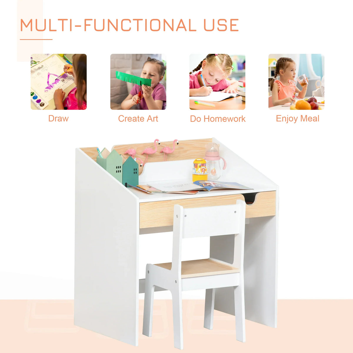White kids study desk with light wood tabletop, pull-out drawer, and matching small chair