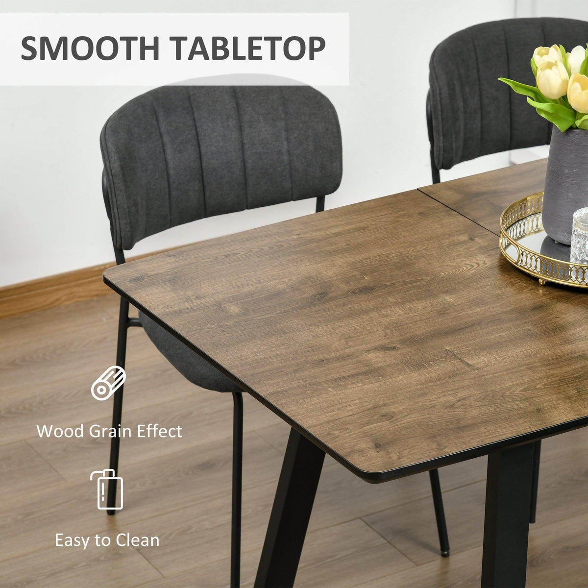 Extendable dining table with smooth wood-grain tabletop and black metal support legs