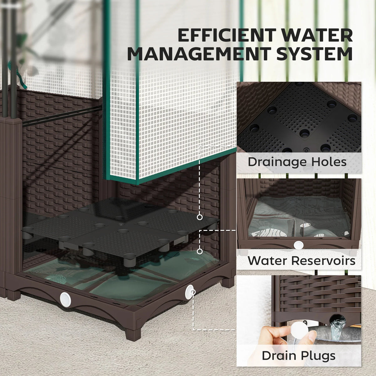Raised garden bed base with drainage holes, water reservoirs, and drain plugs