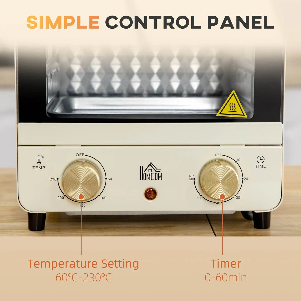 Cream white mini convection oven control panel with temperature and timer knobs