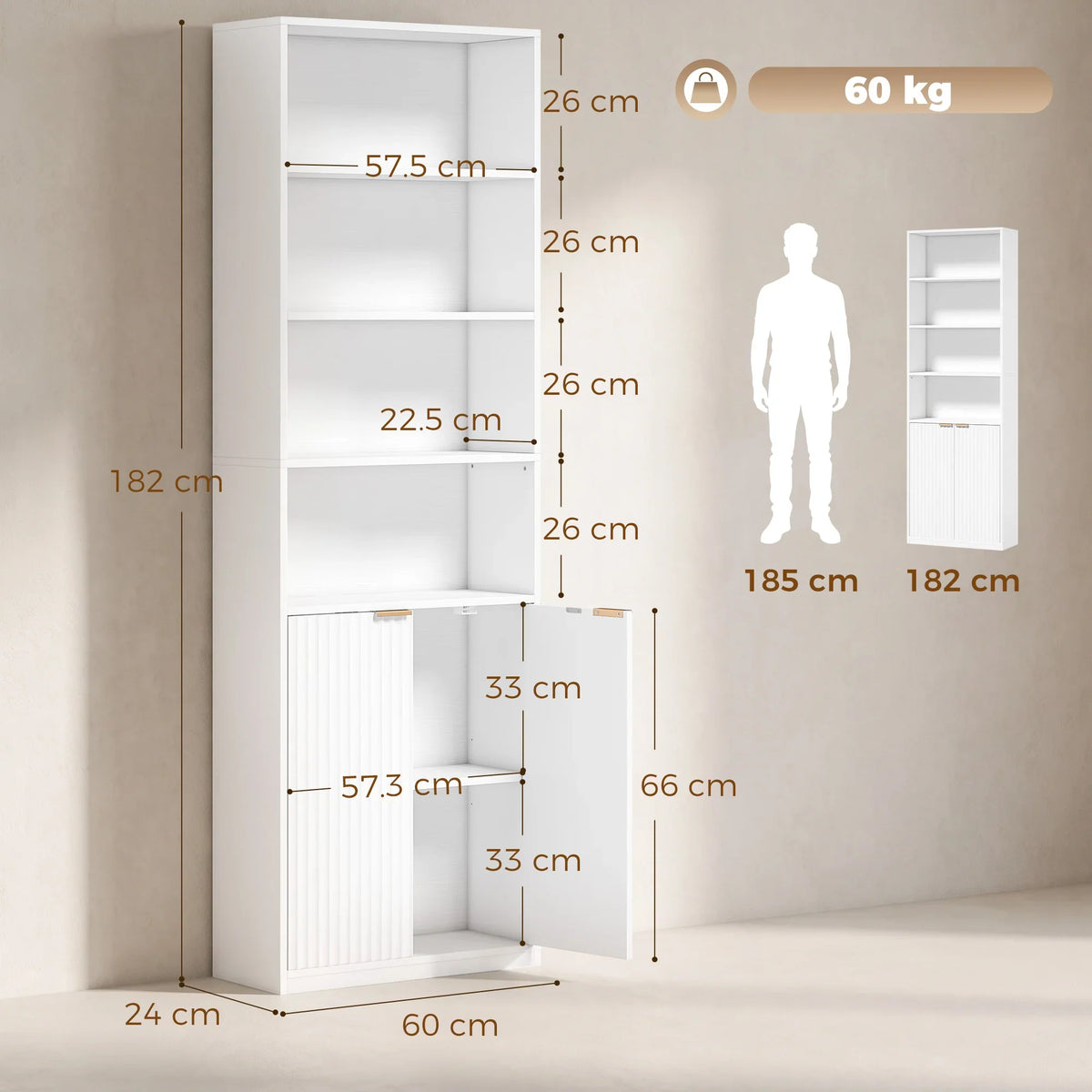 White tall bookcase cabinet with open interior shelves and double doors, front view.