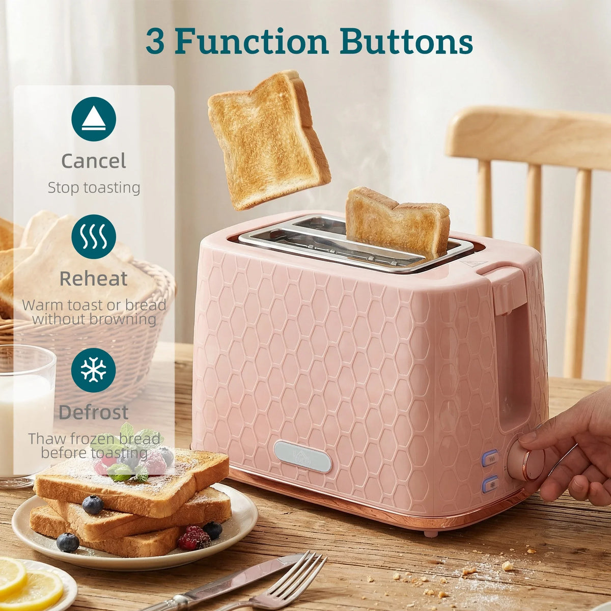 Light pink honeycomb 2-slice toaster with control buttons and toast slices