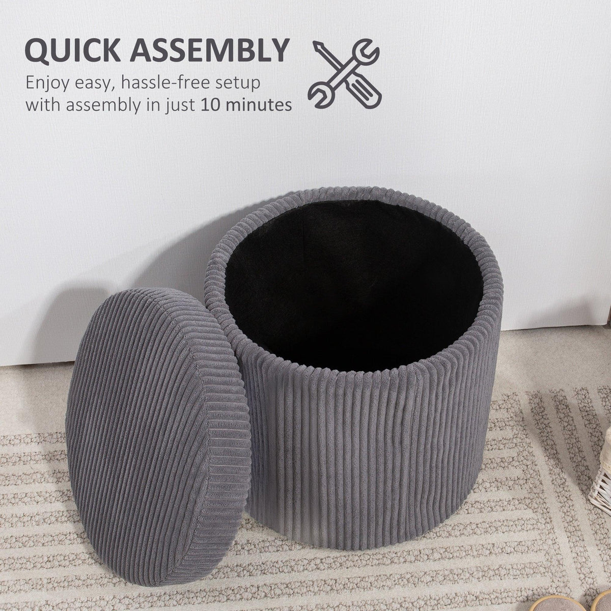 Grey corduroy storage ottoman with open top and hinged removable lid