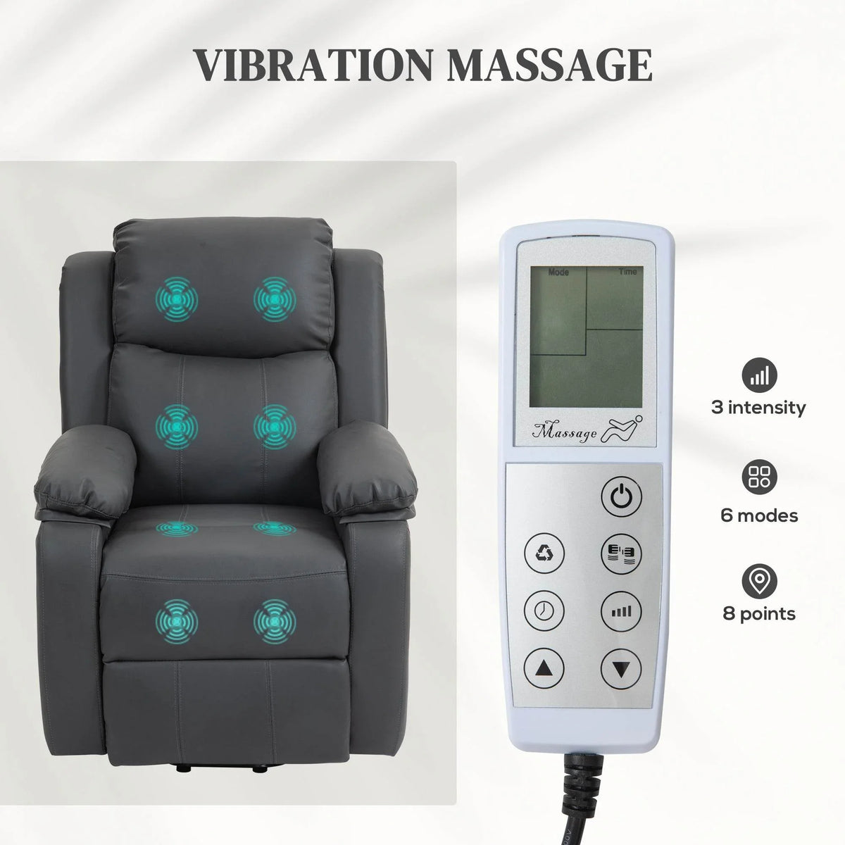 Dark grey recliner chair with vibration massage pattern and matching massage remote
