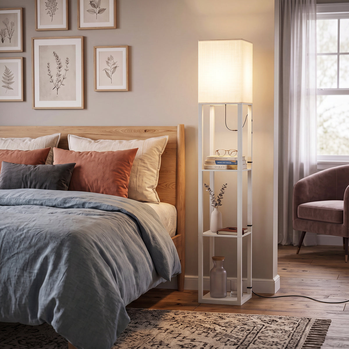 White floor lamp with three open shelves near bed and wall art, warm light