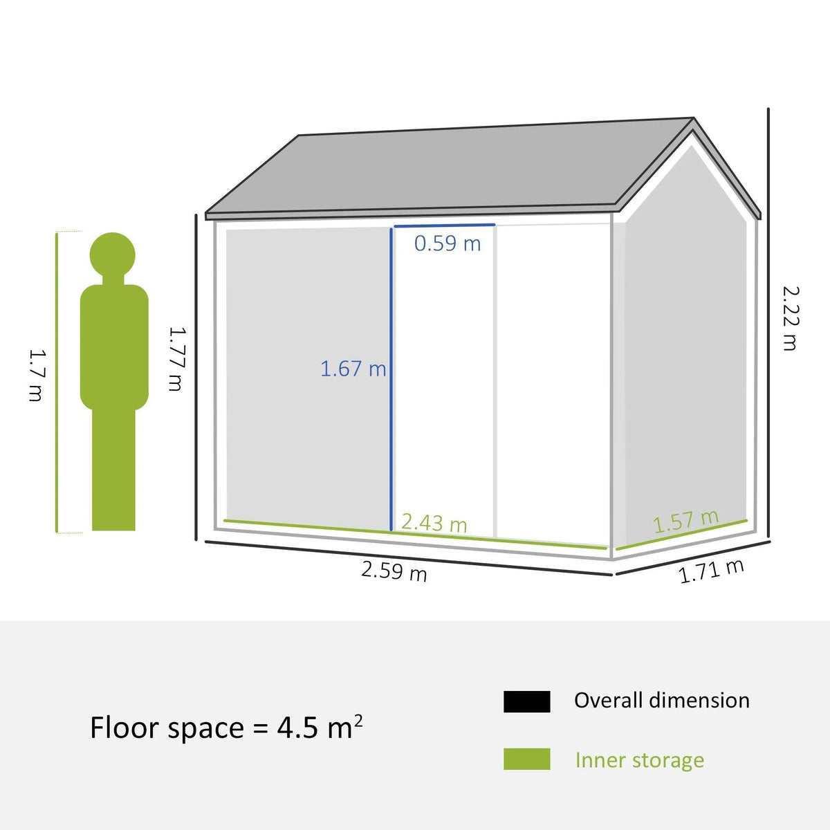 Garden shed dimensions diagram with overall size labels and floor-space value