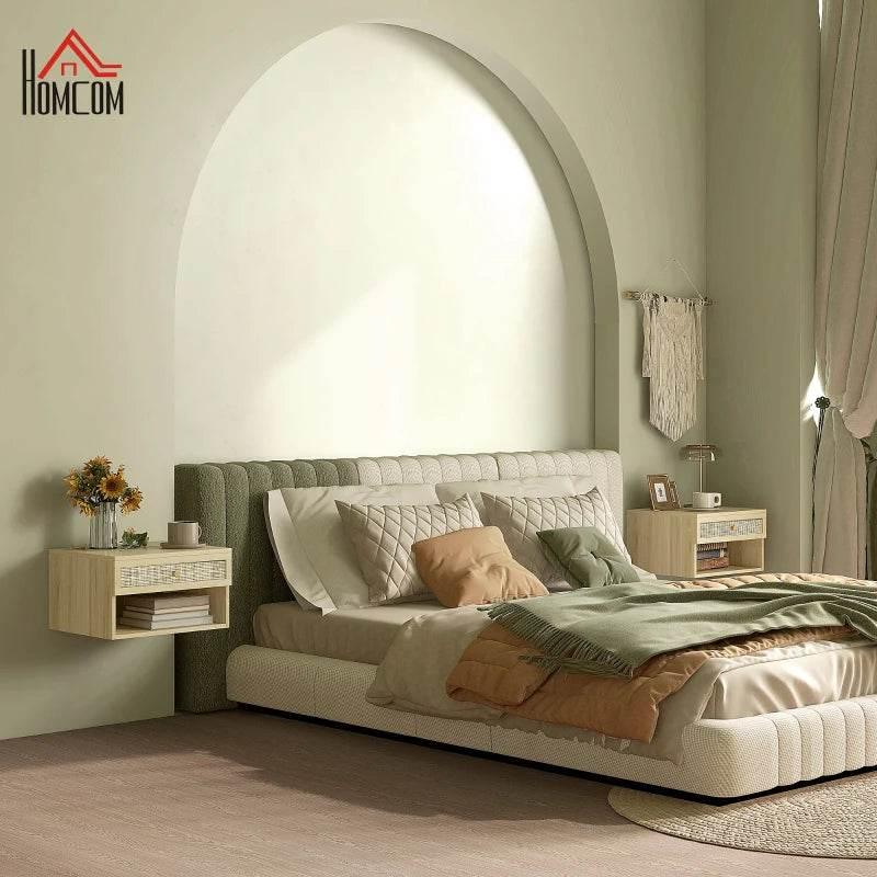 Set of two floating light wood-effect bedside tables with rattan drawer panels