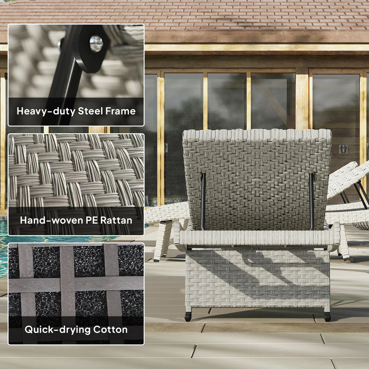 Grey woven PE rattan sun lounger with sturdy steel frame and curved back